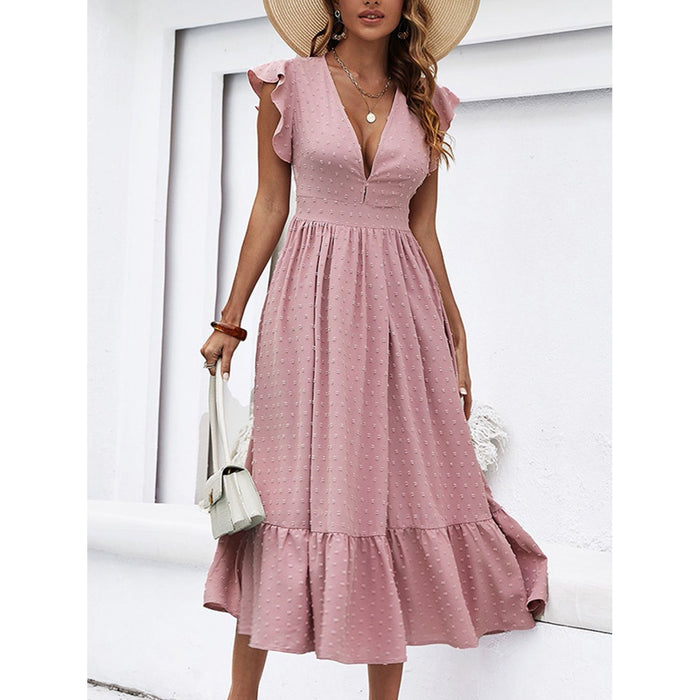 Swiss Dot Ruffled Plunge Dress