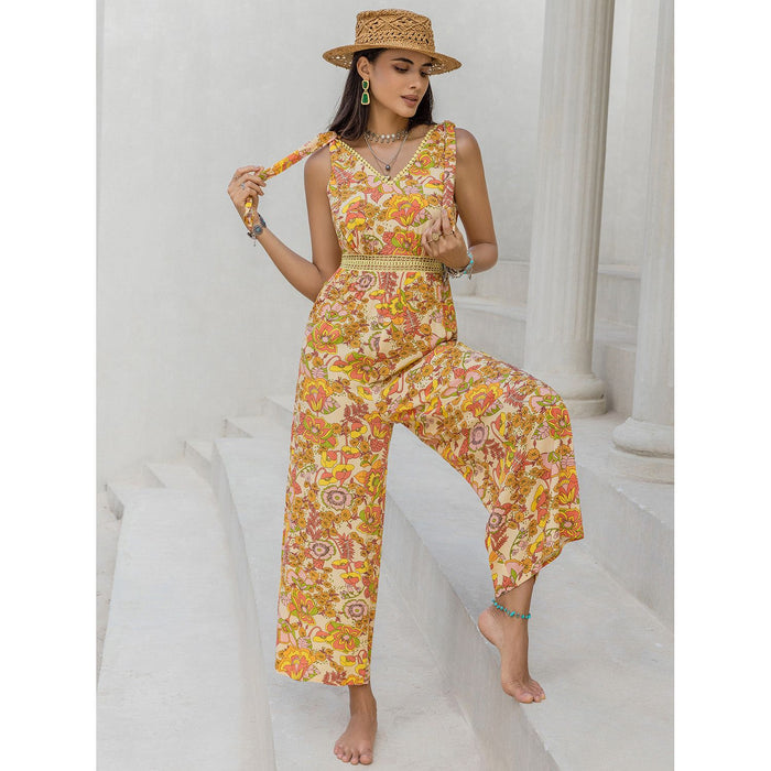 Printed V-Neck Tie Shoulder Jumpsuit