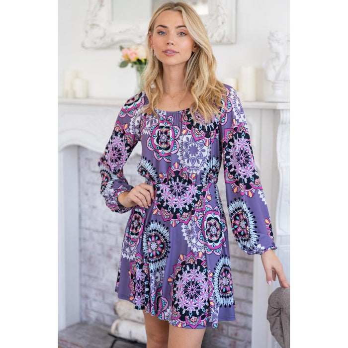 White Birch Printed Long Sleeve Mini Dress with Short Liner