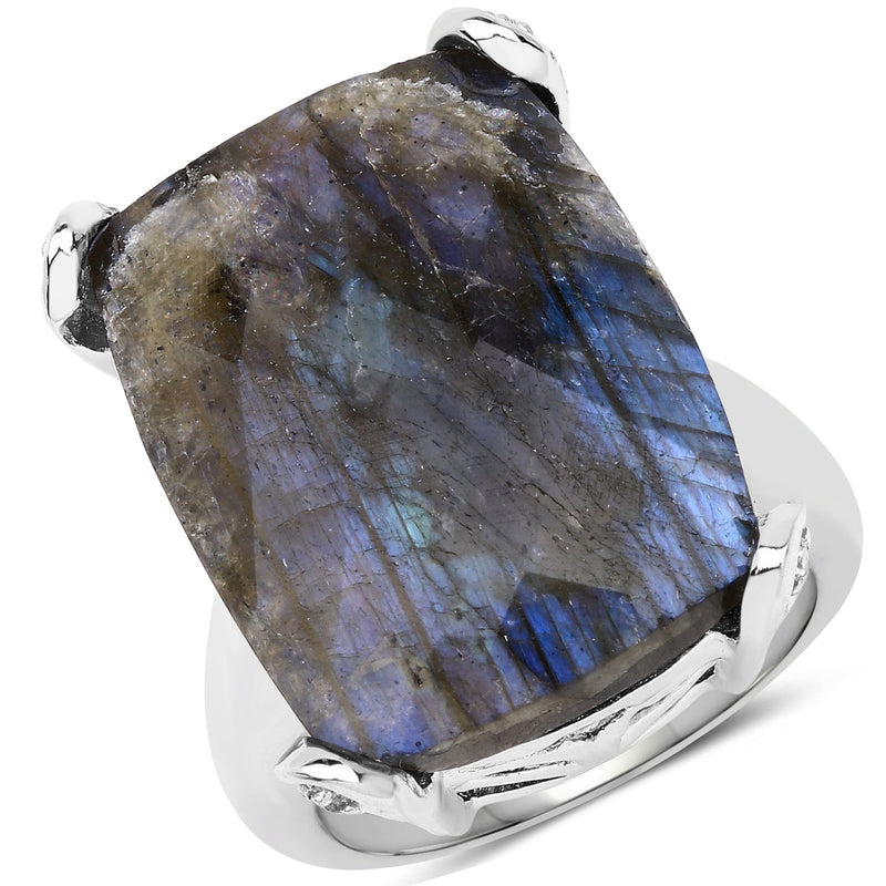 Bids.com 17.17 Carat Genuine Labradorite and White Topaz .925 Sterling Silver Ring Rings