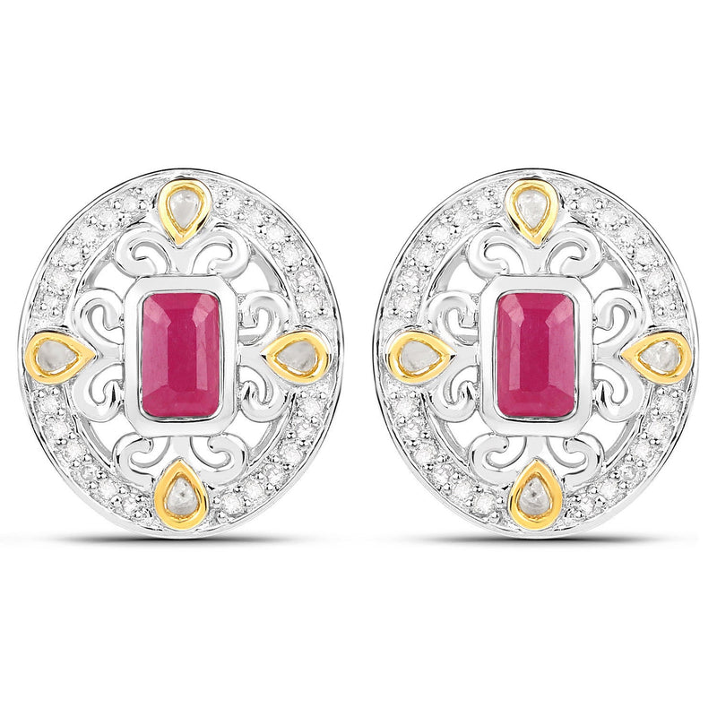 Bids.com 0.77 Carat Genuine Ruby and White Diamond .925 Sterling Silver Earrings Earrings