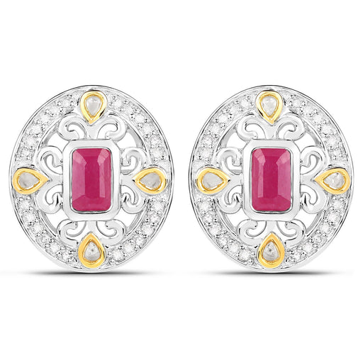 Bids.com 0.77 Carat Genuine Ruby and White Diamond .925 Sterling Silver Earrings Earrings