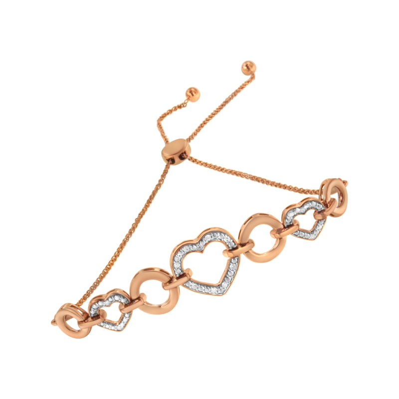 Bids.com 10K Rose Gold over .925 Sterling Silver 1/10 Cttw Round-Cut Diamond Heart Link Adjustable Bolo Bracelet (H-I Color, I2-I3 Clarity) - 6"-9" Adjustable Bracelets