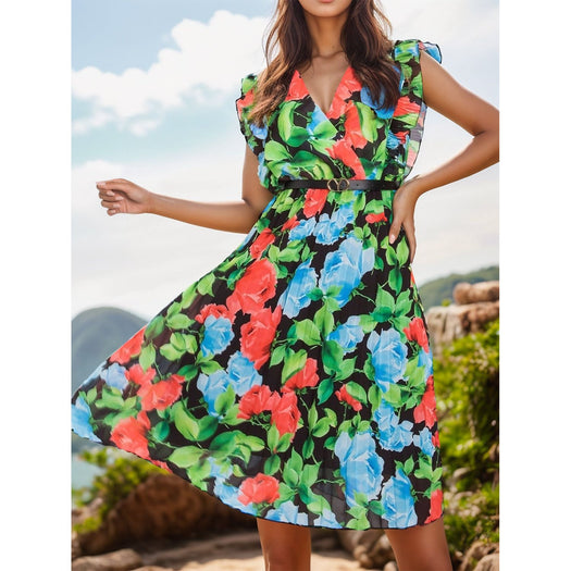 Ruffled Printed Surplice Cap Sleeve Dress