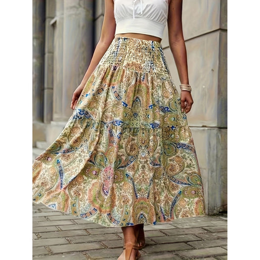 Tiered Smocked Printed High Waist Skirt