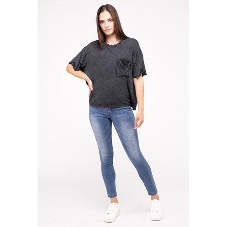 Washed Ribbed Cuffed Short Sleeve Round Neck Top