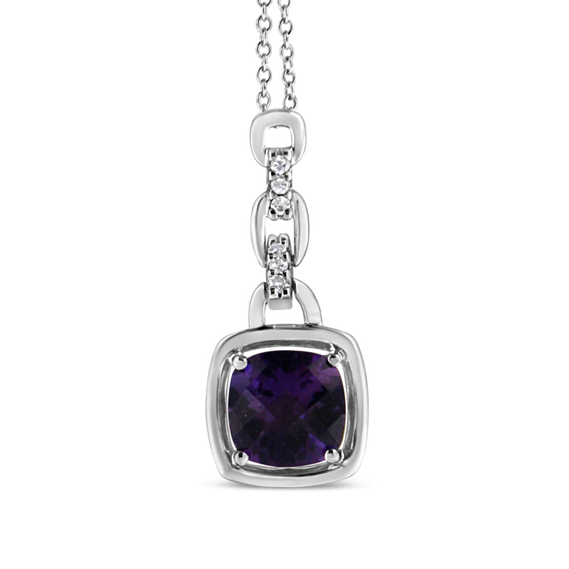 Bids.com .925 Sterling Silver 6x6MM Cushion Shaped Natural Purple Amethyst and Diamond Accented Bale 18" Inch Pendant Necklace (I-J Color, I1-I2 Clarity) Necklaces