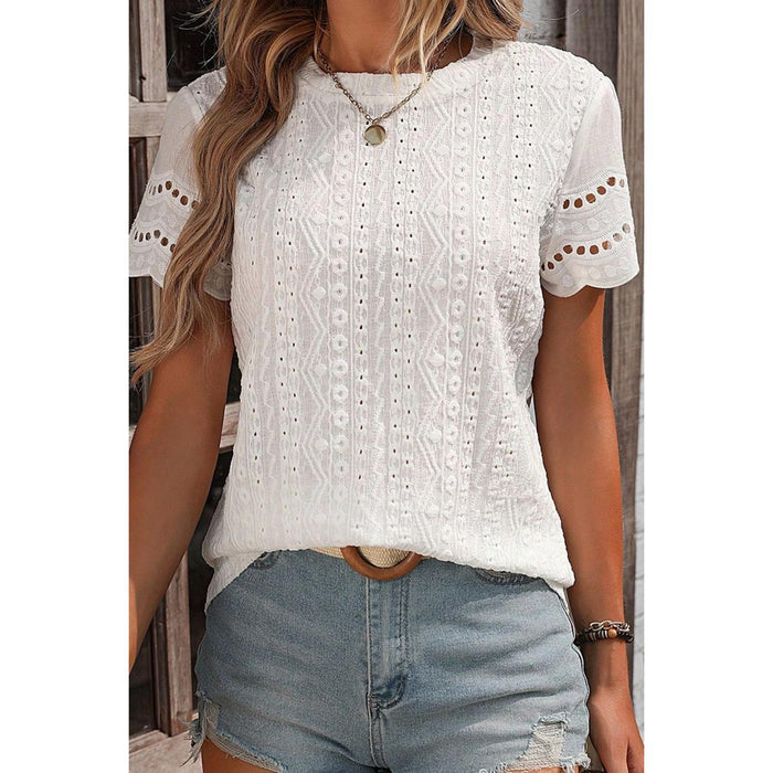 Eyelet Round Neck Short Sleeve Top