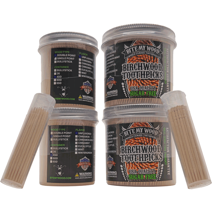 Bitemywood Unflavored High Quality Usa Birchwood Toothpicks In Plastic Tube Or Jars - 2 Sizes Available