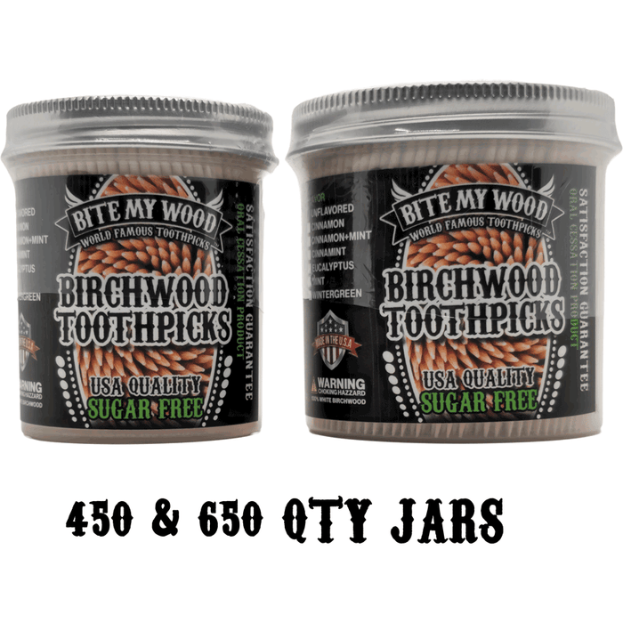 Bitemywood Flavored High Quality Usa Birchwood Toothpicks In Plastic Jars - 2 Sizes Available