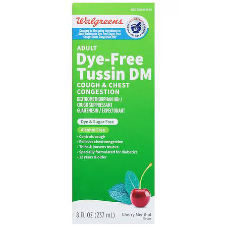 Walgreens Walgreens Adult Tussin DM Cough & Chest Congestion, Sugar-Free & Dye-Free, Cherry Menthol, 8 fl oz Respiratory Care