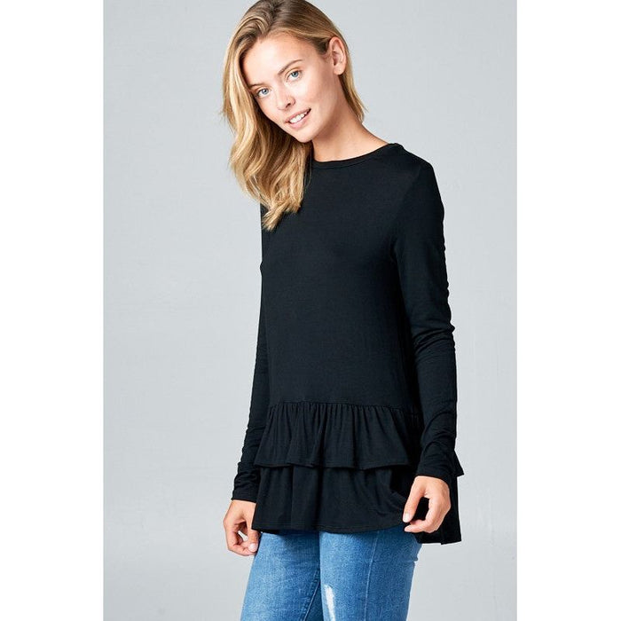 RUFFLE BOTTOM LONG SLEEVE ROUND NECK TUNIC TOP