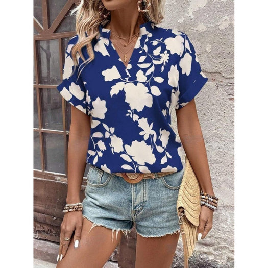 Flower Notched Short Sleeve Blouse