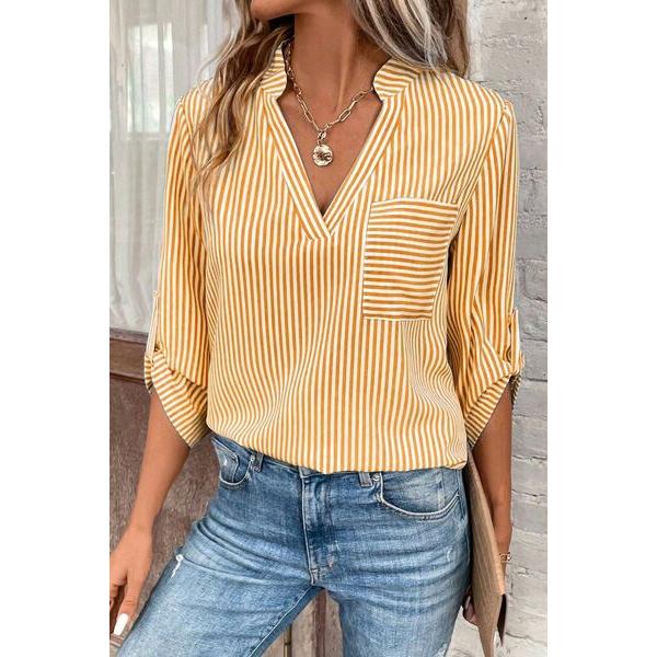 Striped Notched Roll-Tab Sleeve Shirt