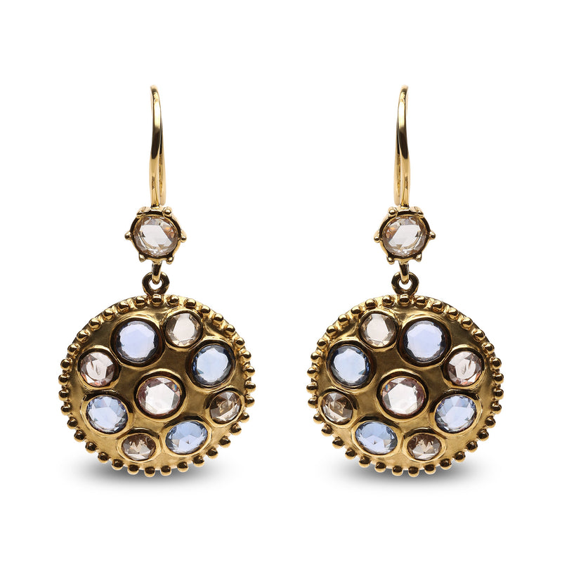 Bids.com 18K Yellow Gold 1 2/3 Cttw Diamond and Blue Sapphire Bezel Set Gemstone Cluster Medallion Dangle Earrings (Brown and G-H Color, SI1-SI2 Clarity) Earrings