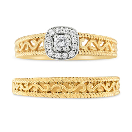 Bids.com 14K Yellow Gold Plated .925 Sterling Silver 1/5 Cttw Diamond Halo and Milgrain Finish Engagement Ring Bridal Set (I-J Color I3 Clarity) - Size 7 Rings