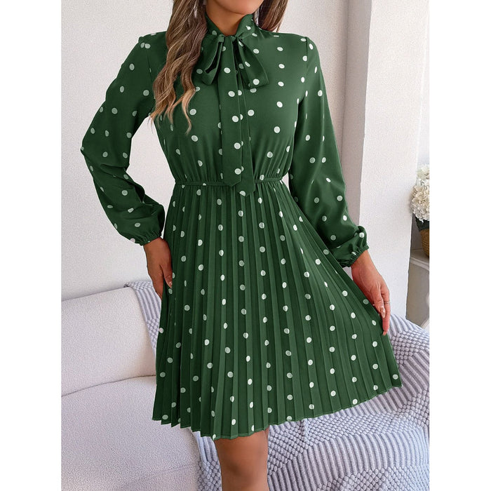 Polka Dot Tie Neck Pleated Dress