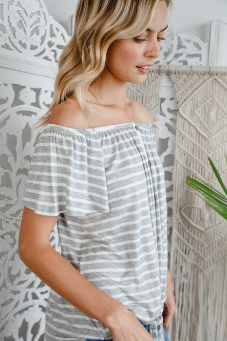 STRIPE OFF SHOULDER BUTTON DOWN TOP