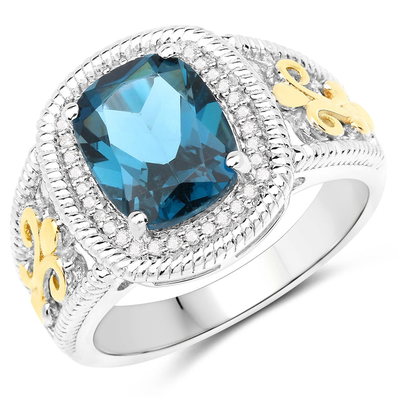 Bids.com 3.59 Carat Genuine London Blue Topaz and White Diamond 14K Yellow Gold with .925 Sterling Silver Ring Rings