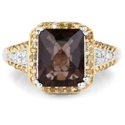 Bids.com 3.48 Carat Genuine Smoky Quartz, Yellow Diamond and White Diamond .925 Sterling Silver Ring Rings
