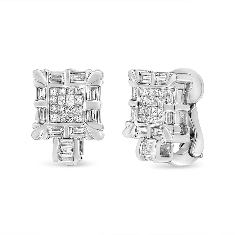 Bids.com 14K White Gold 1.0 Cttw Princess and Baguette-Cut Diamond Square Framed Huggie Hoop Omega Earrings (H-I Color, SI1-SI2 Clarity) Earrings
