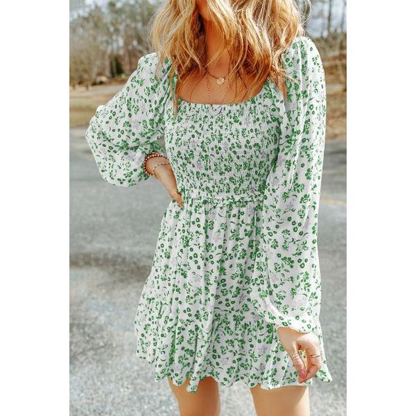 Smocked Floral Square Neck Balloon Sleeve Dress