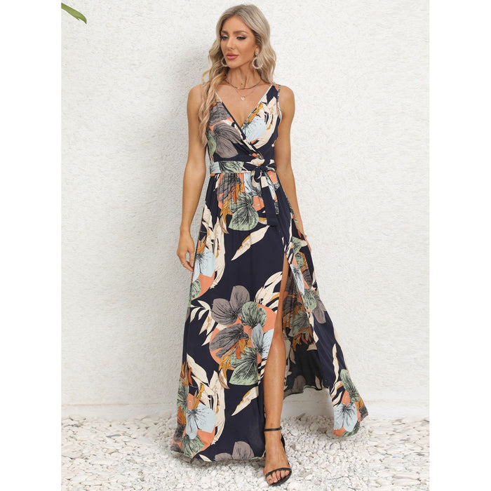 Slit Tied Printed Surplice Dress