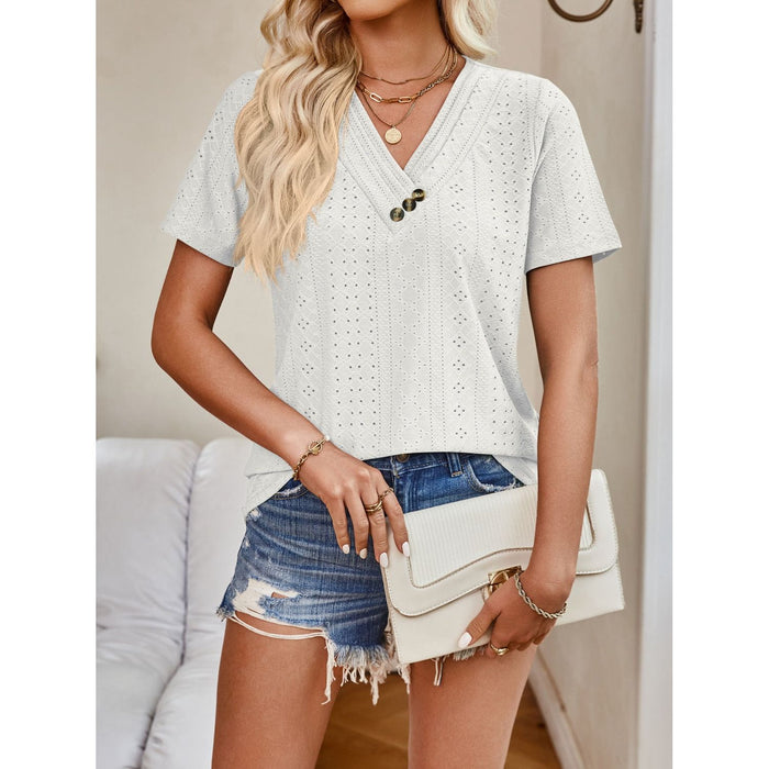 Eyelet V-Neck Short Sleeve Top