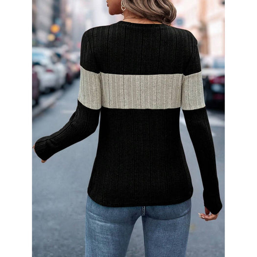 Color Block Round Neck Long Sleeve Top