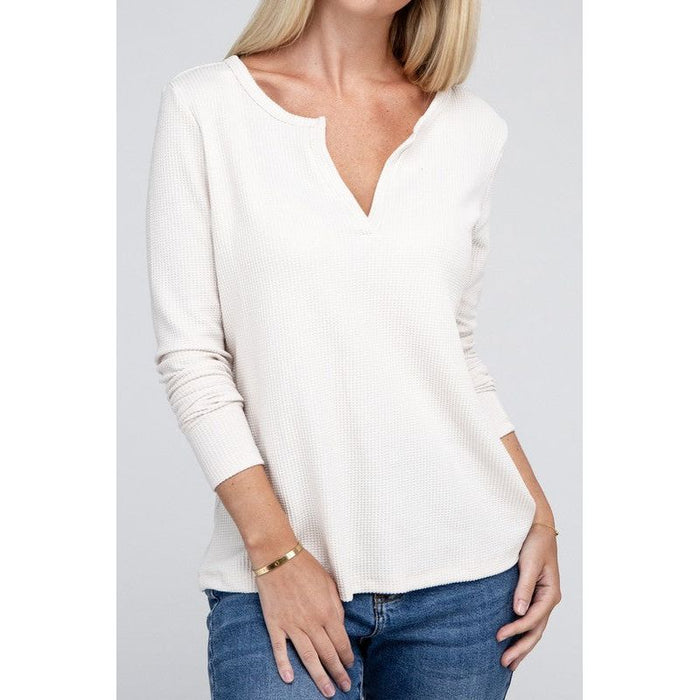 Melange Baby Waffle V-Neck Long Sleeve Top