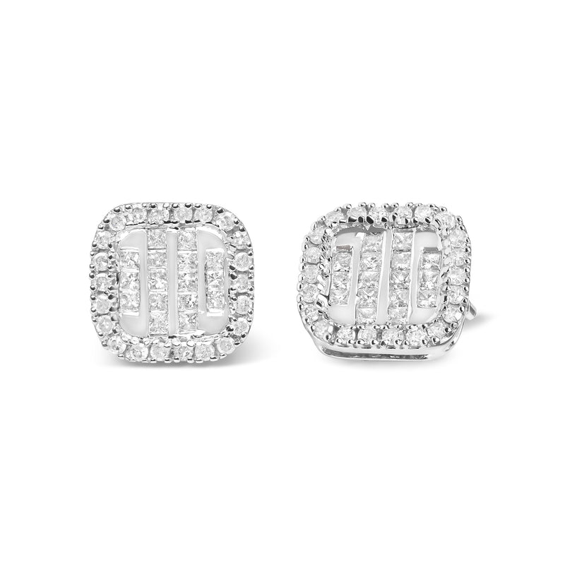Bids.com 10K White Gold 7/8 Cttw Diamond Princess Composite and Halo Stud Earrings (I-J Color, I1-I2 Clarity) Earrings