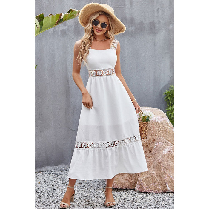 Flower Crochet Wide Strap Midi Dress