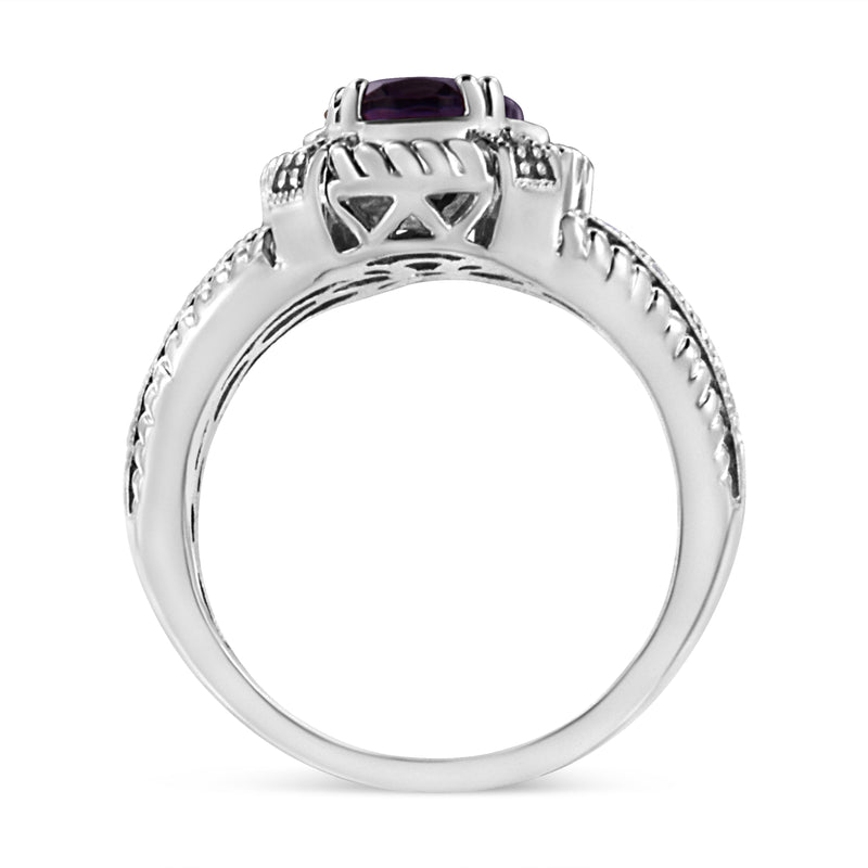 Bids.com .925 Sterling Silver Prong Set Natural Oval Shape 9X7 MM Purple Amethyst Solitaire and Diamond Accent Ring (I-J Color, I1-I2 Clarity) - Ring Size 7 Rings
