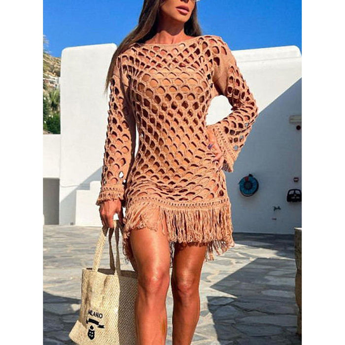 Fringe Cutout Long Sleeve Cover Up