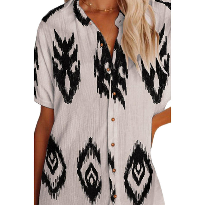 Geometric Button Up Short Sleeve Cover Up