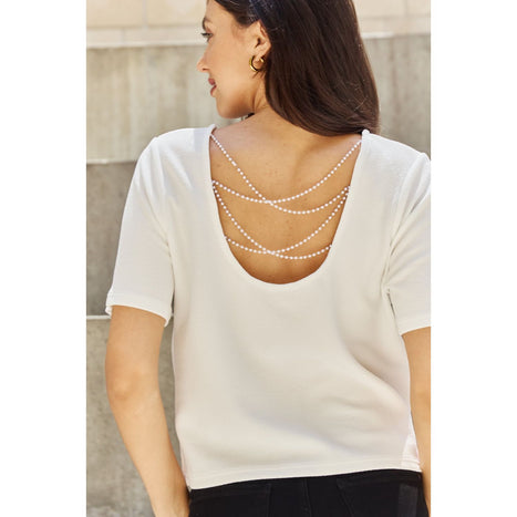 And The Why Pearly White Criss Cross Pearl Detail Open Back T-Shirt