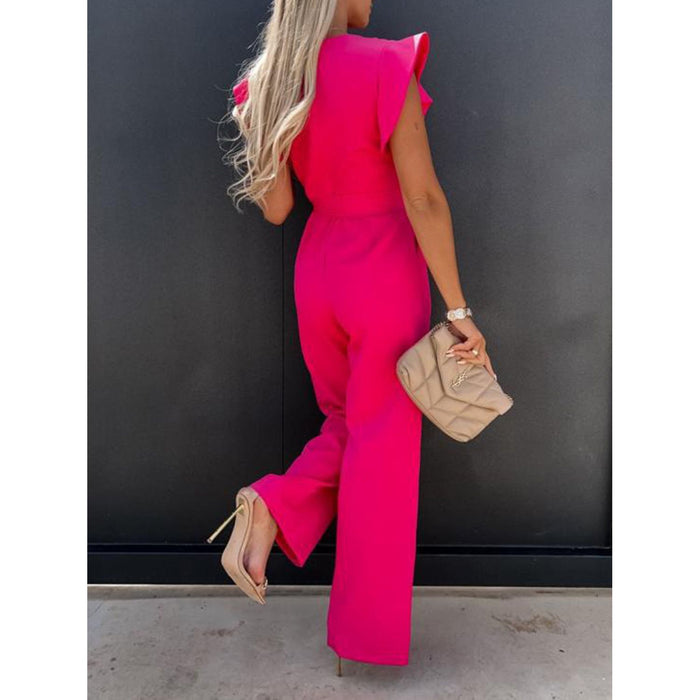 Ruffled Round Neck Cap Sleeve Jumpsuit