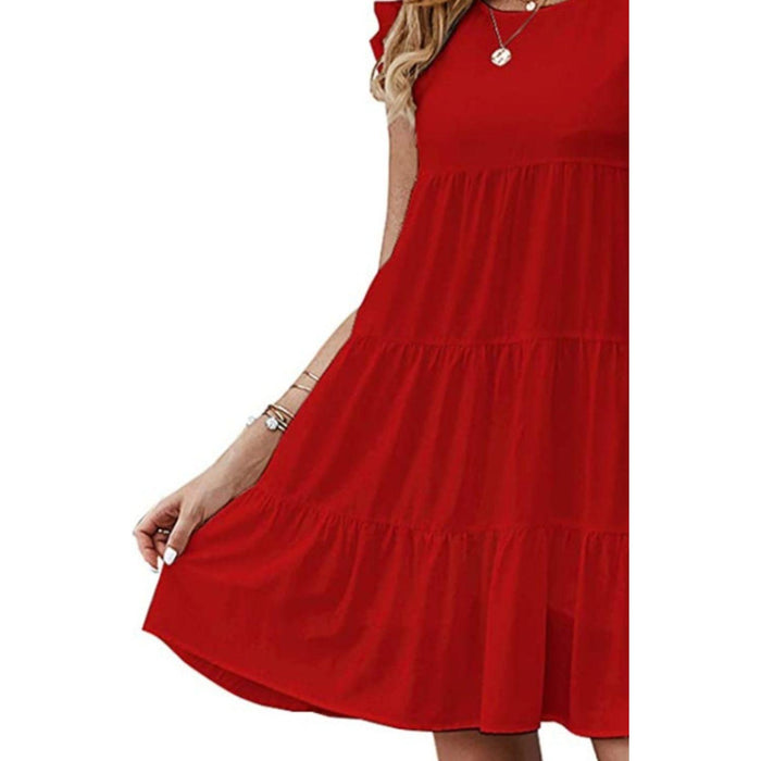 Ruffled Round Neck Cap Sleeve Mini Dress