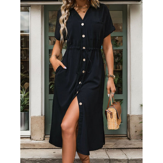 Slit Drawstring Button Up Short Sleeve Midi Dress