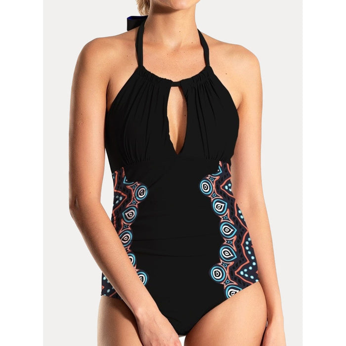 Cutout Printed Halter Neck One-Piece Swimwear