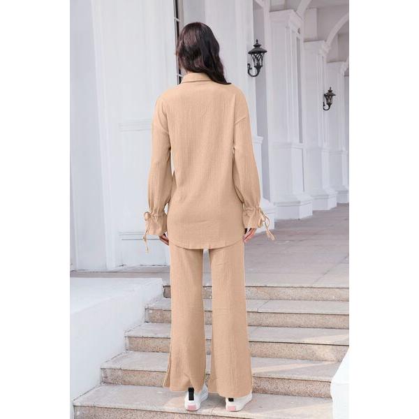 Drawstring Flounce Sleeve Shirt and Pants Set