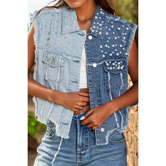 Pearl Raw Hem Sleeveless Denim Jacket