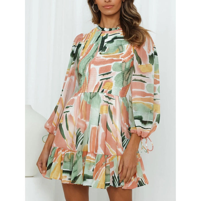 Printed Mock Neck Balloon Sleeve Mini Dress