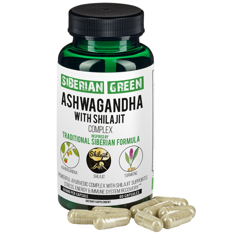 SiberianGreen.com Ashwagandha with Altai Shilajit & Turmeric | Ayurvedic Herbal Complex 60 Capsules Herbs White Smoke