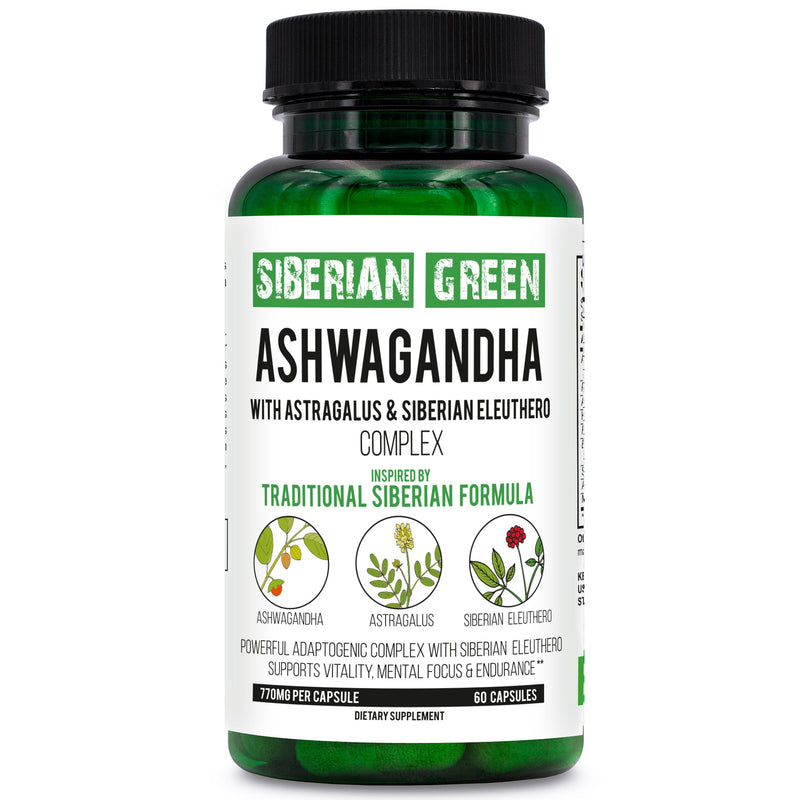 SiberianGreen.com Organic Ashwagandha, Astragalus & Siberian Ginseng Complex – 60 Vegan Capsules Herbs White Smoke