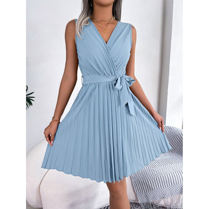 Tied Surplice Sleeveless Pleated Dress