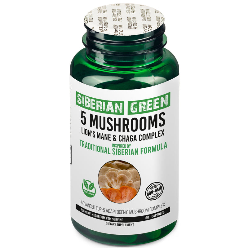 SiberianGreen.com Siberian Green 5 Mushrooms Complex- 60 Vegan Capsules Herbs White Smoke