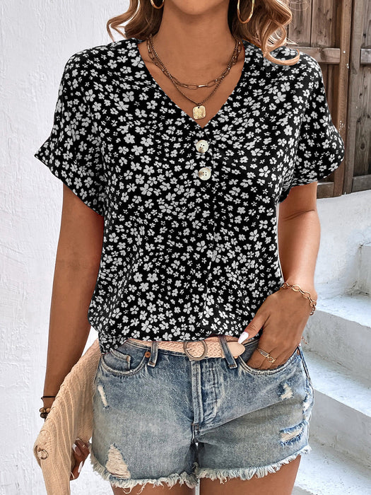 Printed V-Neck Short Sleeve Blouse