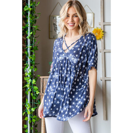 Heimish Short Sleeve Crisscross Star Babydoll Top