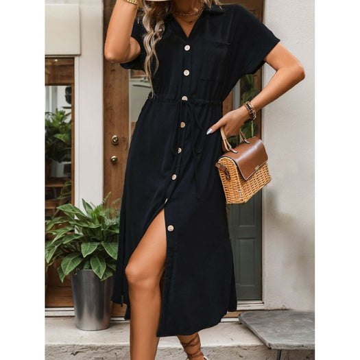 Slit Drawstring Button Up Short Sleeve Midi Dress